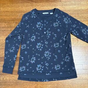 Orvis Women's Floral Waffle Knit Henley Long Sleeve Top Navy Blue Size Large